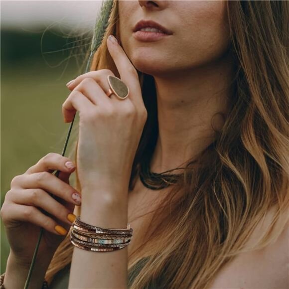 Leather Wrap Bracelets Boho Leopard Multi-Layer Crystal Beads Cuff Bracelet - Picture 3 of 6